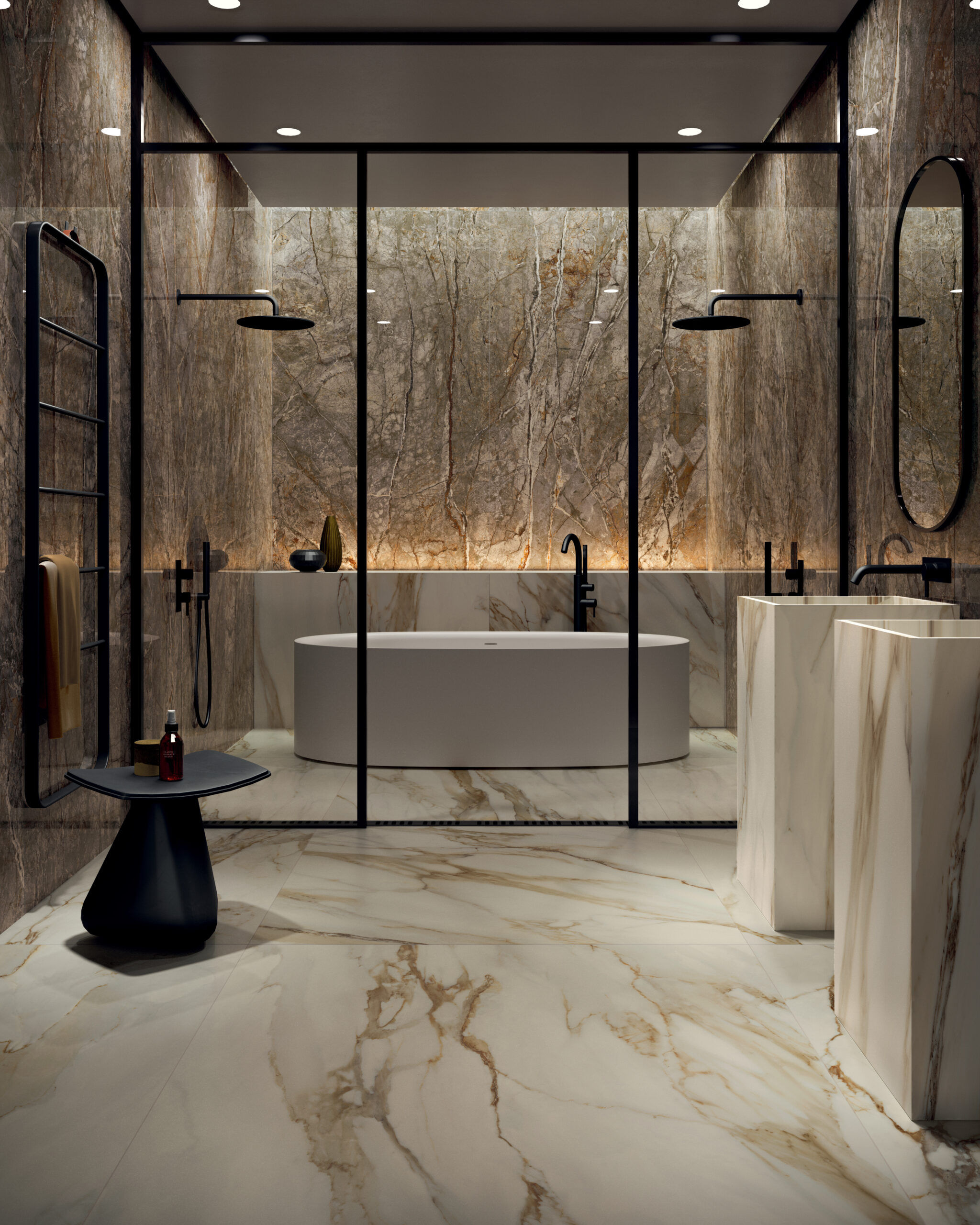 De Dalia Versilia Gold Smooth gecombineerd met de Dalia Dorado Glamour brengt balans en karakter in deze badkamer – een stijlvolle keuze met een hoogwaardige afwerking.