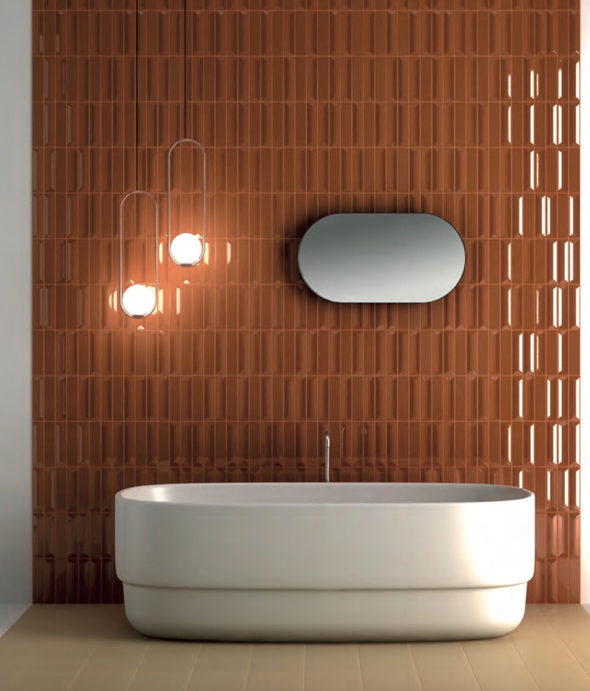 We zien de bellagio dark orange glossy die een speels effect op de wand geeft door holle, bolle en vlakke uitvoeringen