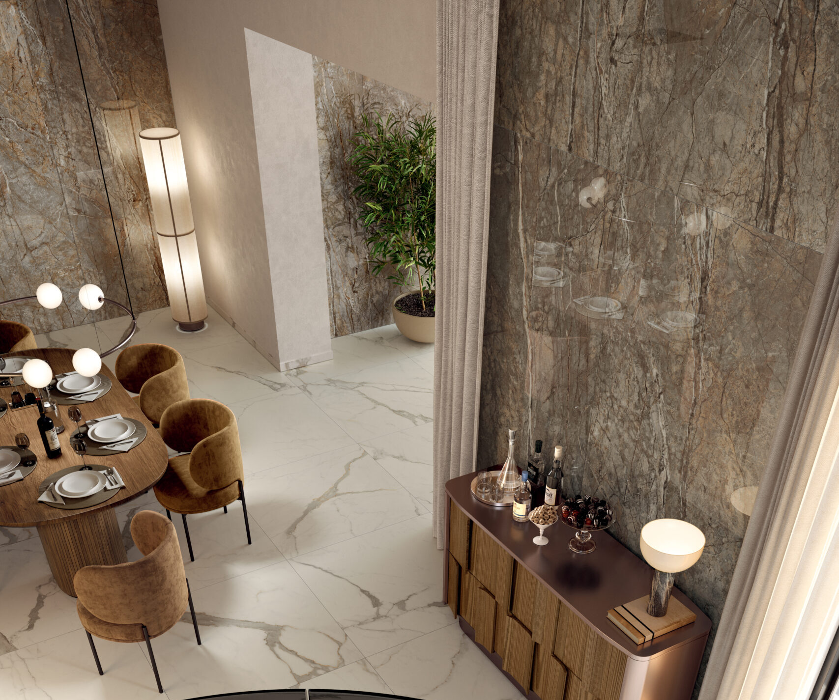 De dalia statuario met zijn matte houtlook geeft op deze wand een mooi effect.